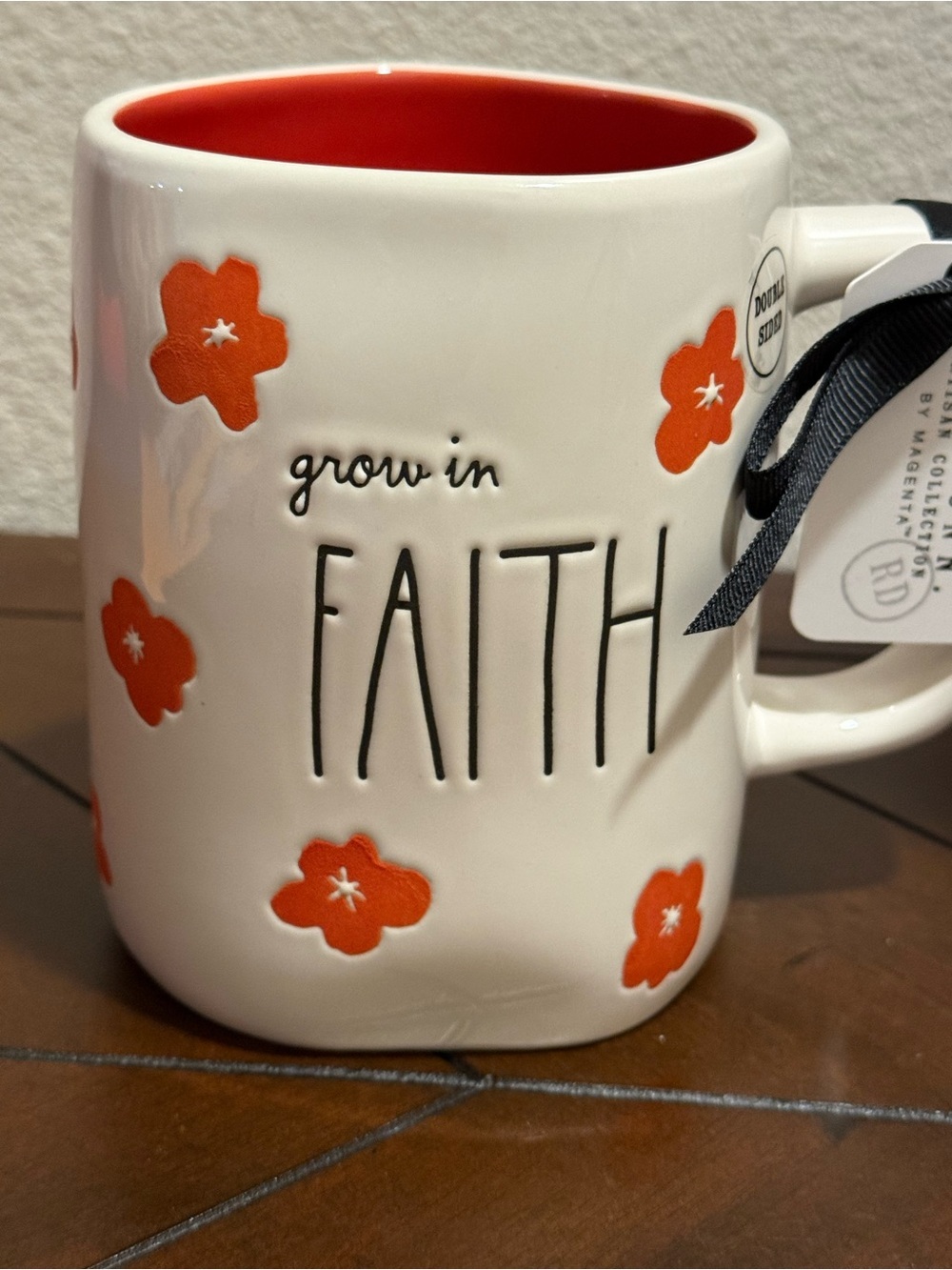 Rae Dunn White Double-sided Mug w/ Orange Floral Accents & Int- GROW IN FAITH - Picture 5 of 6